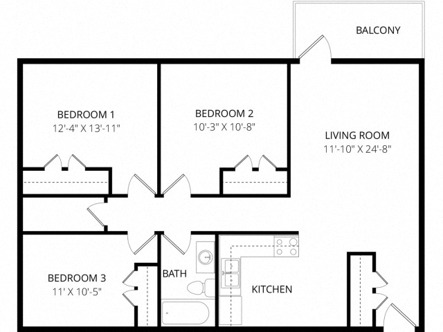 Floor plan for 3 beds, 1 bath, 977 sqft